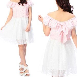 LIZ LISA 2015 Pink Pinstripe Ribbon Off Shoulder Tulle Dress NWOT